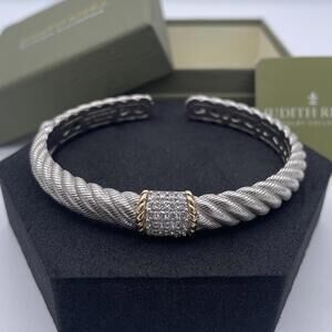 Judith Ripka Sterling Silver CZ Cable Cuff Bracelet with 14K Rope Accents 6.5”